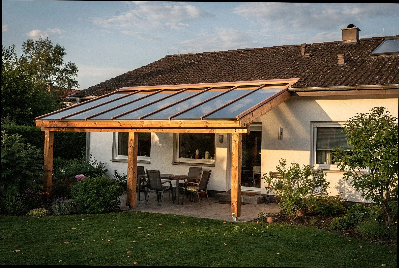 Moderne Terrassenüberdachung mit Glasdach an einem Wohnhaus in Krefeld