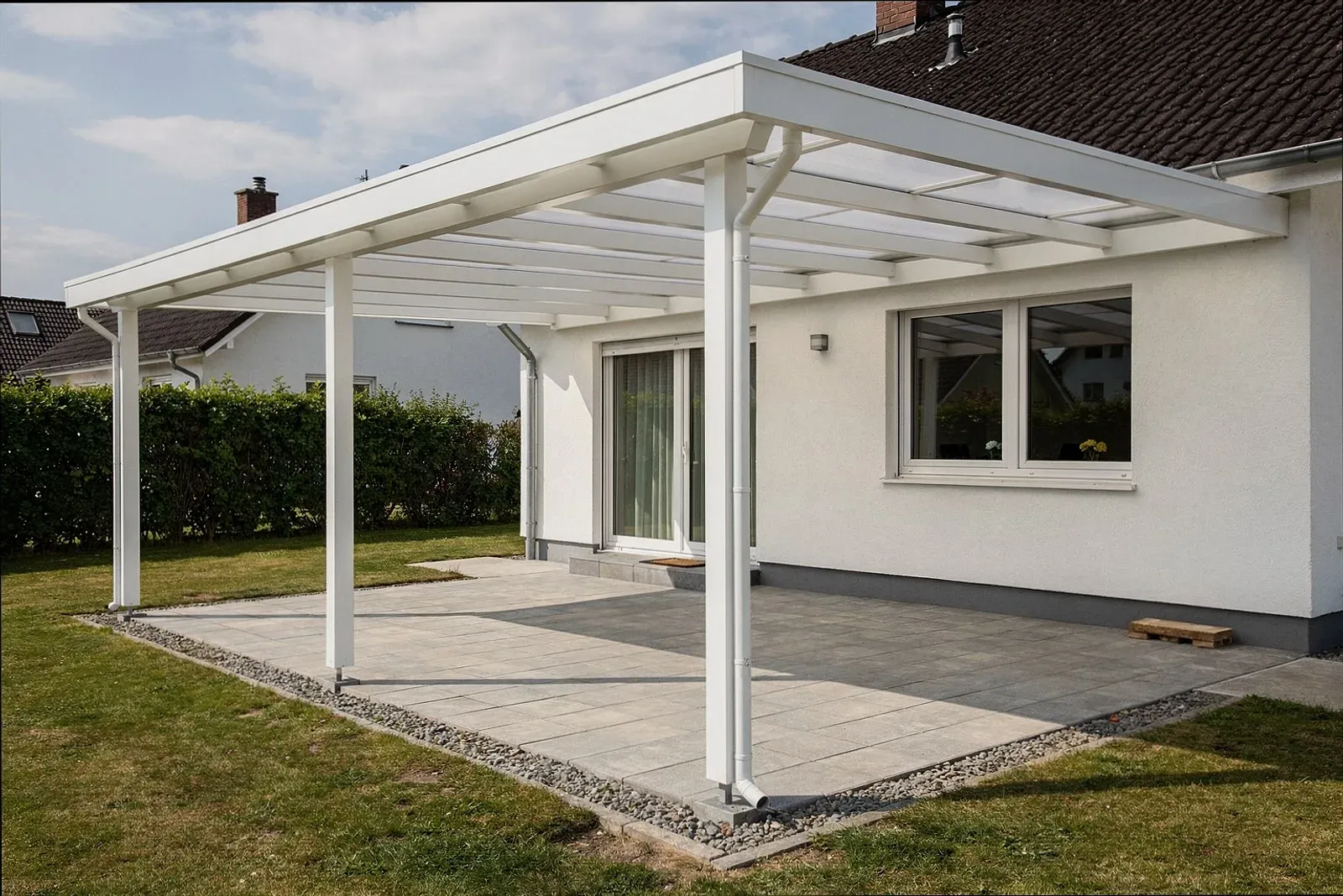 Frisch montiertes Glasdach über einer Terrasse in Krefeld-Uerdingen